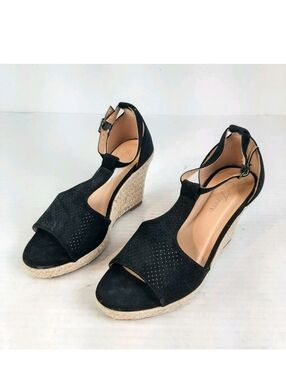 🛍Forever 6.5 Black Judith Open Toe T Strap Ankle Strap Espadrille Wedge Sandals